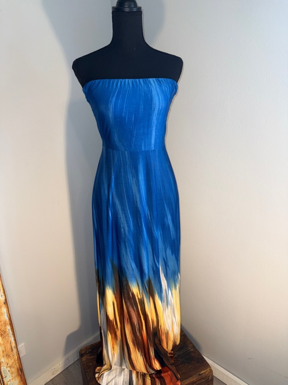 Blue Ombre Strapless Maxi Dress with Cutout